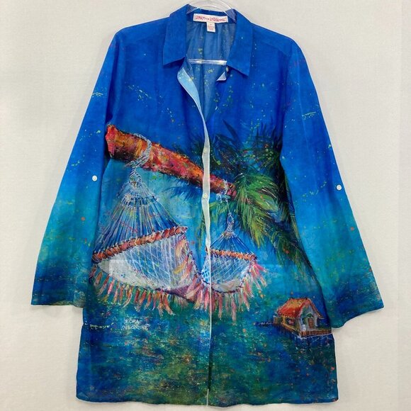 Leoma Lovegrove Tops - Leoma Lovegrove Medium Blue Tropical Hammock Button Up Tunic Vacation